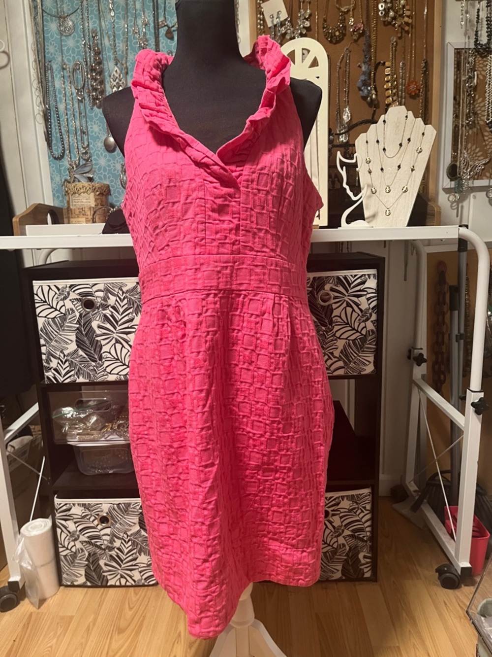 Taylor Hot Pink Sleeveless Dress with Ruffle Neckline